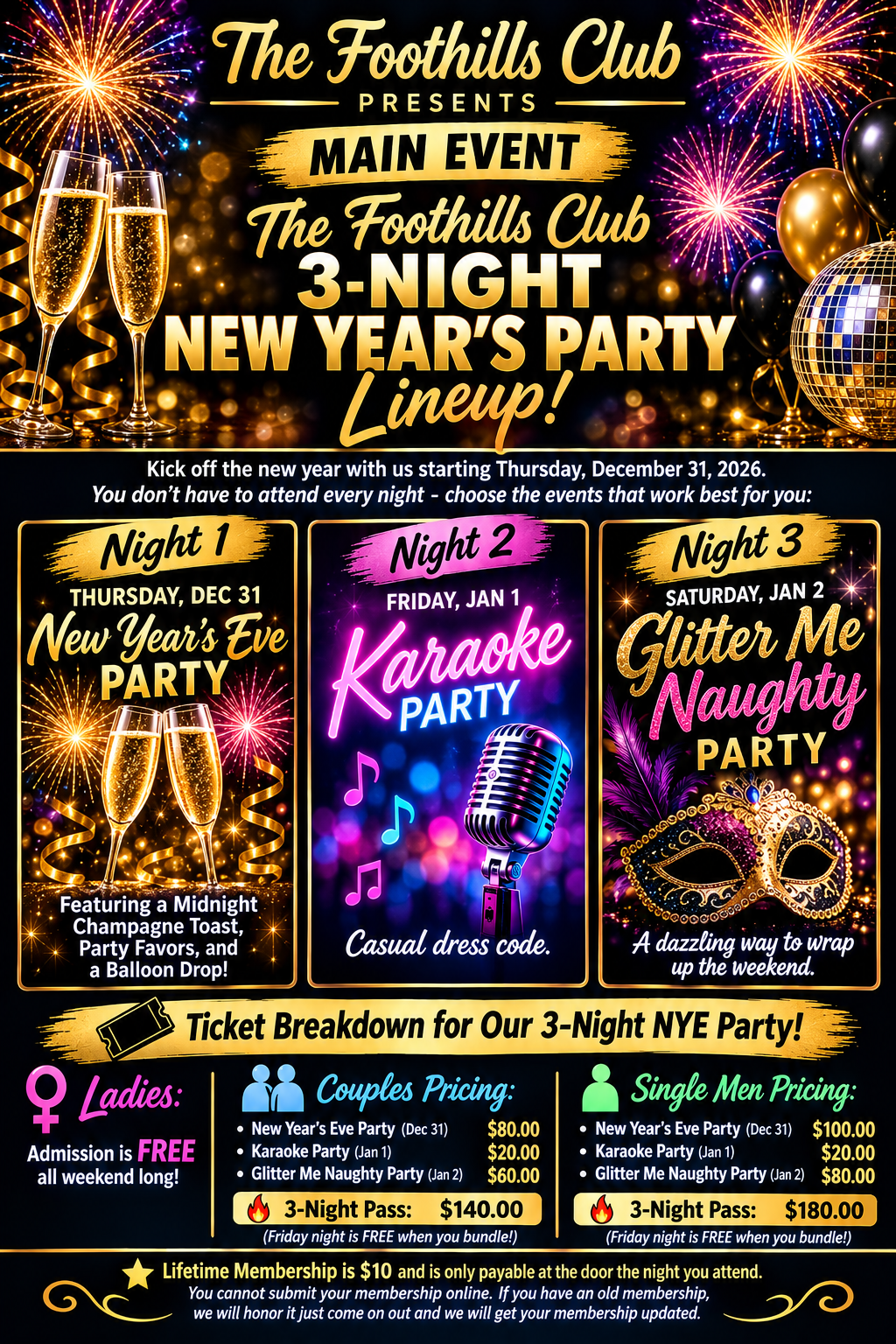 Anderson : December 31, 2026 - 8:00pm - 
The Foothills Club 3-Night New Year's Party - Night 1
